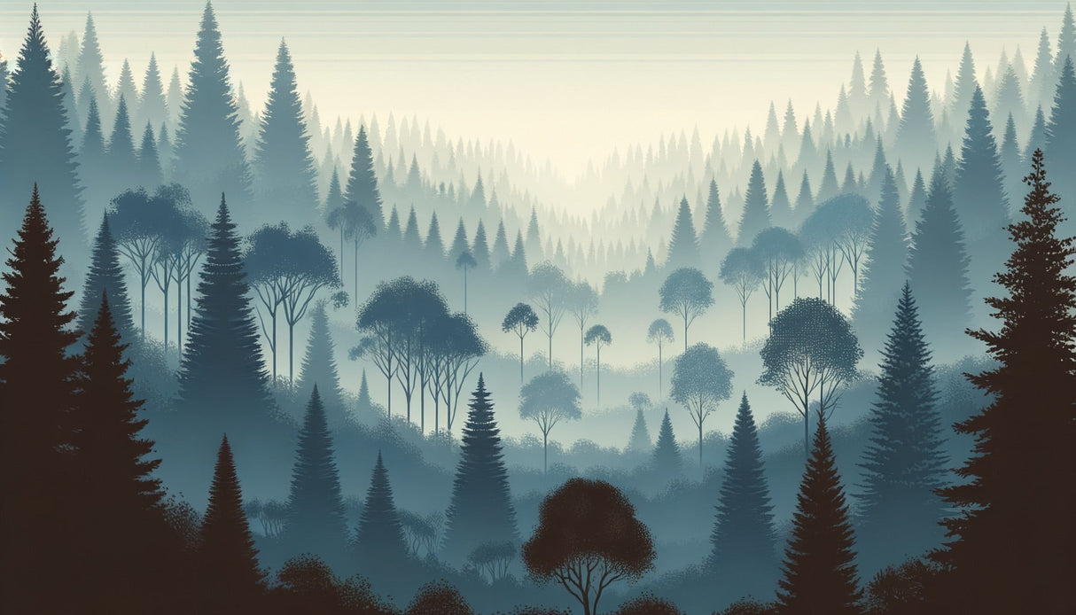 Misty pine forest wallpaper in cozy bedroom setting with natural light