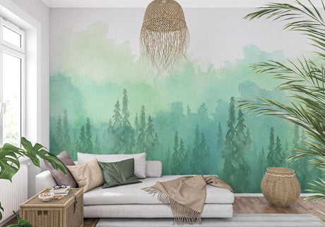 Forest Mural Wallpaper creating a calm atmosphere in a modern living room with natural light