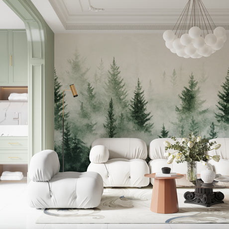 Forest mural wallpaper creating depth in modern living room with grey sofa and natural light