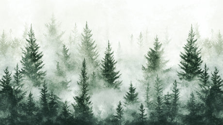Misty pine forest wallpaper design file showing full pattern and watercolor detail