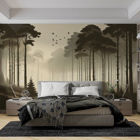 Forest mural wallpaper creating a serene atmosphere in a modern living room, morning mist and pine trees setting a calm mood