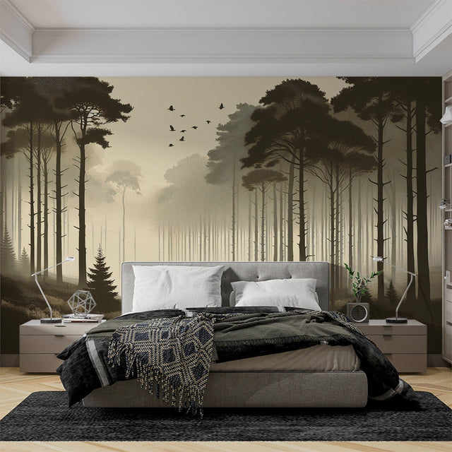 Forest mural wallpaper creating a serene atmosphere in a modern living room, morning mist and pine trees setting a calm mood