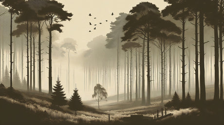 Misty pine forest wallpaper design file showing detailed morning fog and flying birds pattern