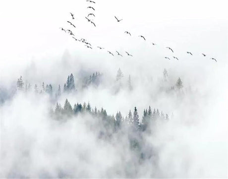 Forest wall mural design file showing misty pine trees and flying birds pattern
