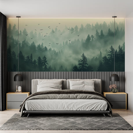 Forest wallpaper mural creating depth in modern living room, morning light filtering through misty pines