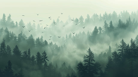 Design file showing detailed misty forest pattern with flying birds through pine trees
