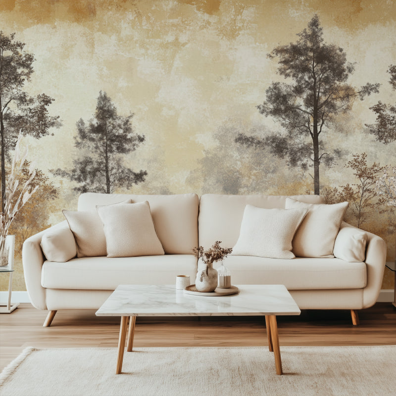 Forest wallpaper mural in modern living room showing misty pine trees against golden sky