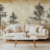 Forest wallpaper mural in modern living room showing misty pine trees against golden sky