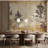 Bedroom with pine tree wall mural creating peaceful atmosphere