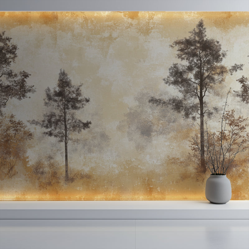 Home office featuring forest landscape wallpaper with golden tones