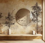 Hallway with pine tree mural wallpaper creating depth