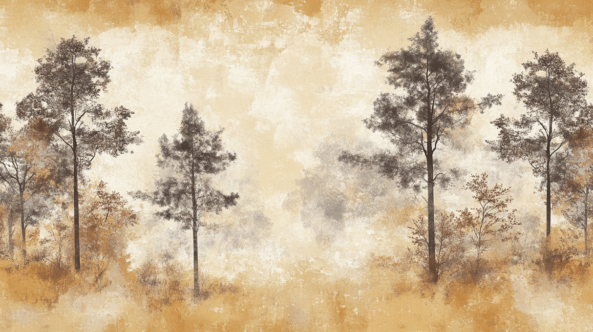 Forest mural wallpaper design file showing detailed pine trees and golden sky pattern