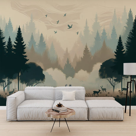 Forest Mural Wallpaper with misty pine trees and deer, creating a calm atmosphere in a modern living room setting