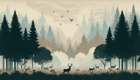 Forest landscape wallpaper design file showing detailed misty pine trees and wildlife pattern