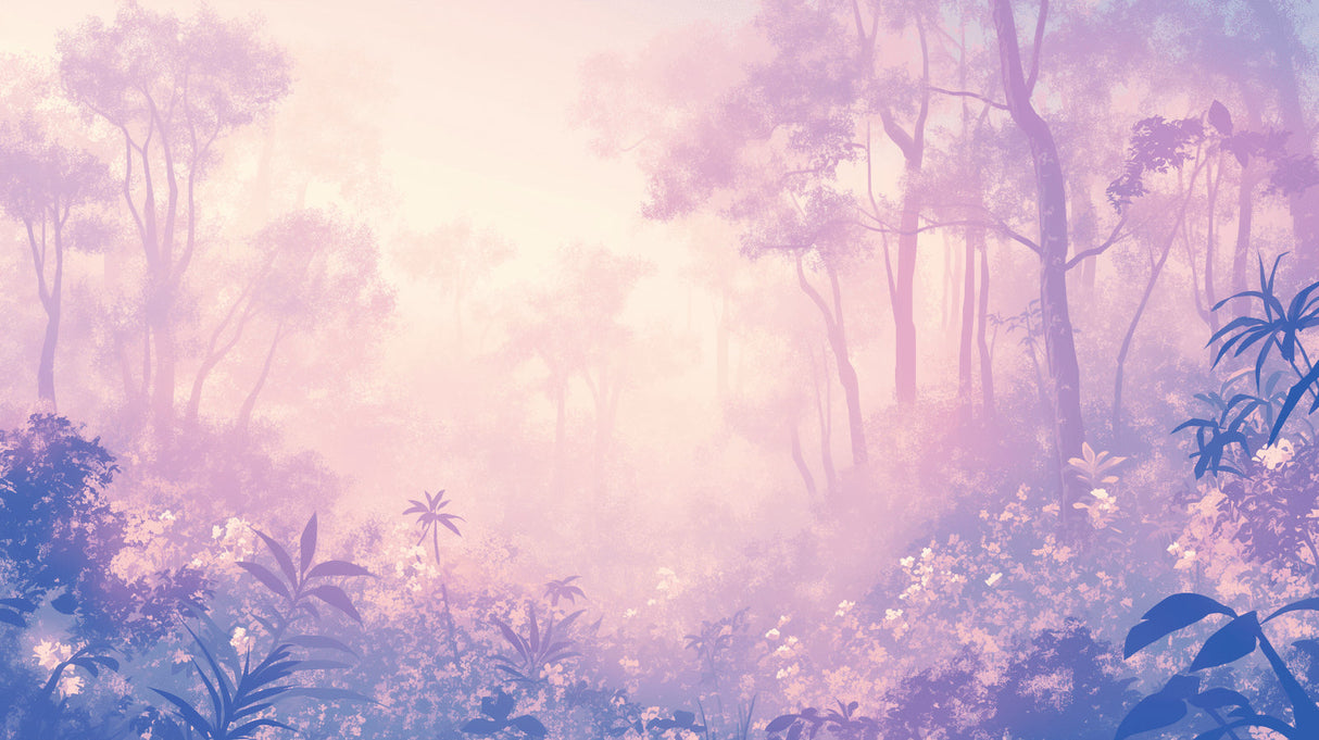 Purple forest wallpaper mural styled in modern bedroom showing morning mist effect