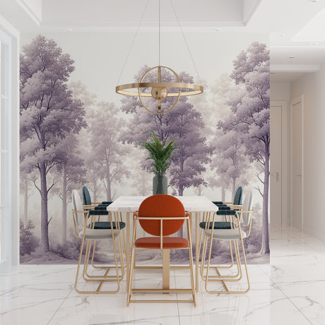Purple forest wallpaper creating a cozy atmosphere in a modern living room with grey furniture