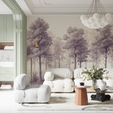 Misty purple forest mural creating ambiance in a reading nook