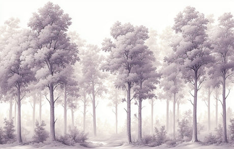 Design file showing detailed purple misty forest pattern with tree silhouettes