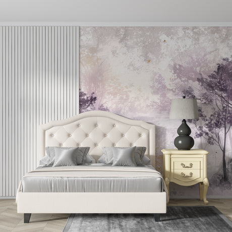 Purple forest wallpaper with gold accents creating depth in a modern living room with natural light