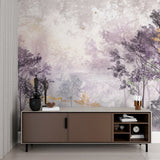 Misty forest mural installed in a master bedroom showing purple and gold tones