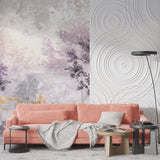 Purple tree wallpaper bringing nature into a minimalist dining space