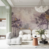 Forest wall mural creating depth in a home office setting