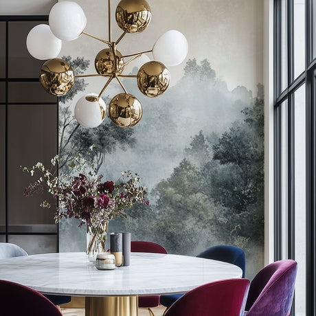 Misty forest wallpaper creating depth in a modern living room with grey furniture and natural light