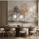 Forest mural wallpaper creating a cozy atmosphere in a modern living room with grey sofa and natural decor