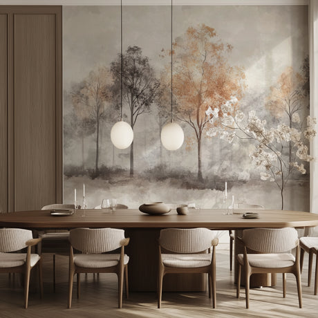Forest mural wallpaper creating a cozy atmosphere in a modern living room with grey sofa and natural decor