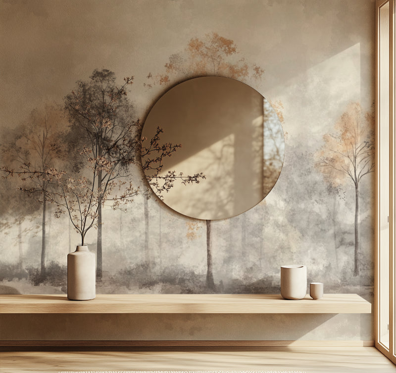 Misty forest wallpaper in a peaceful bedroom setting with minimal furniture