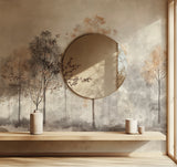 Misty forest wallpaper in a peaceful bedroom setting with minimal furniture