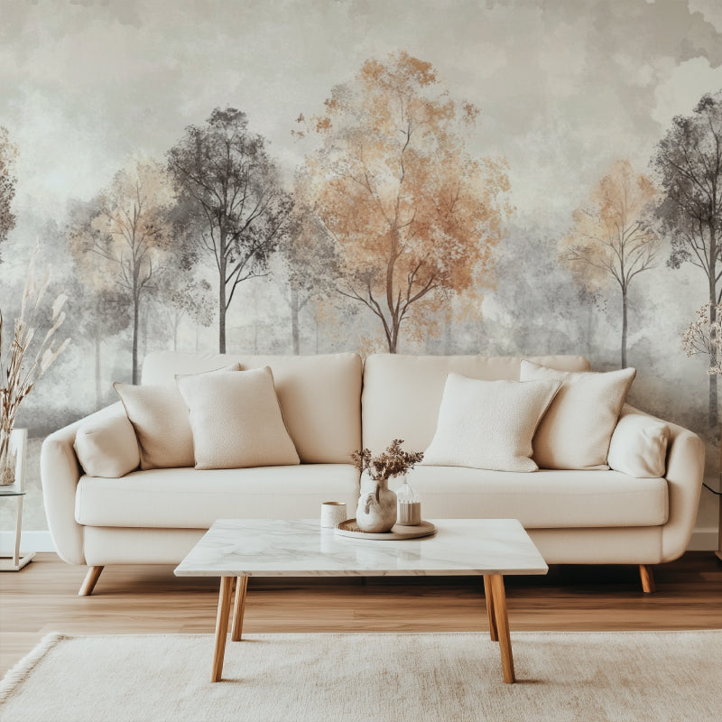 Forest wall mural bringing nature indoors in a dining room setting
