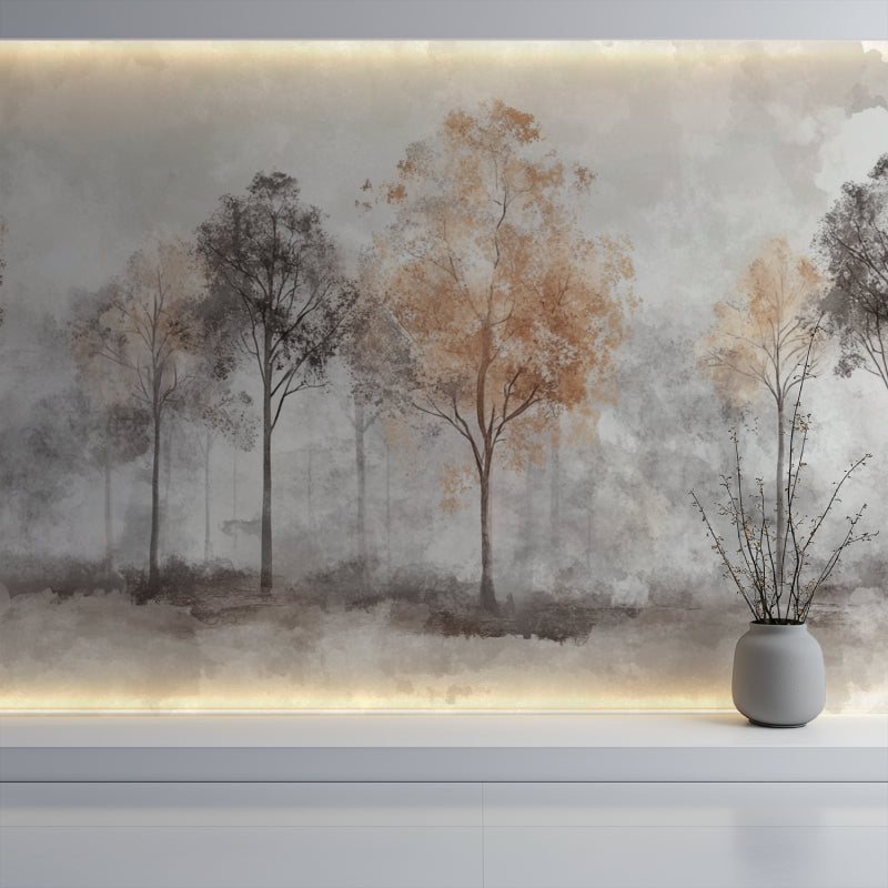 Misty tree wallpaper creating a calming atmosphere in an entrance hall