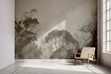 Modern living room featuring a Forest Mural Wallpaper with misty trees creating depth and atmosphere