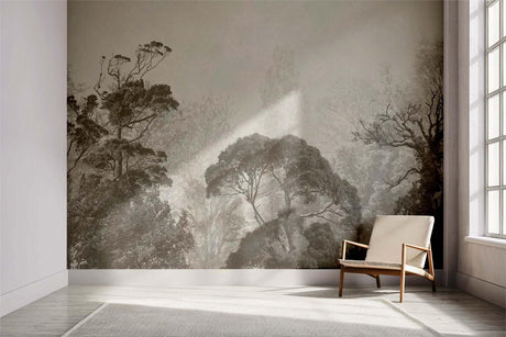 Modern living room featuring a Forest Mural Wallpaper with misty trees creating depth and atmosphere