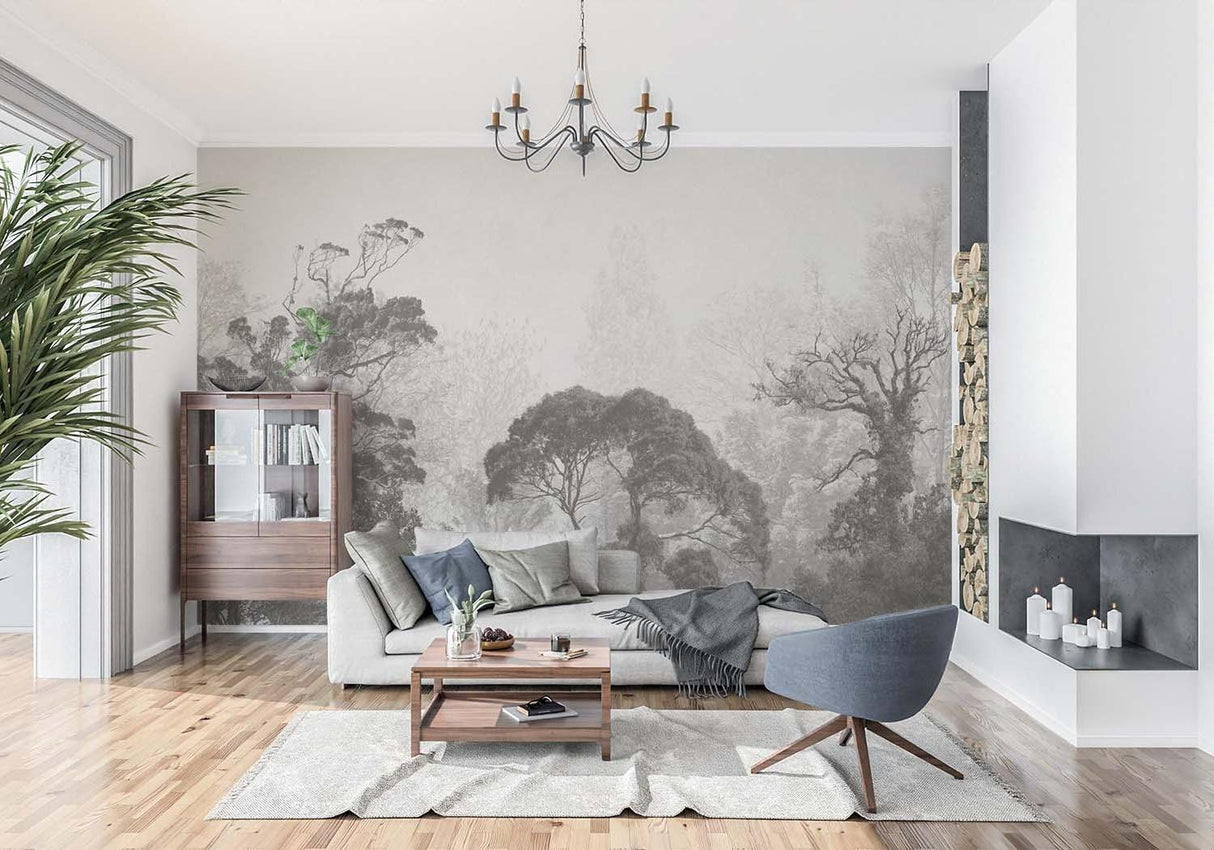 Bedroom with calming monochrome Forest Wallpaper showing misty tree silhouettes