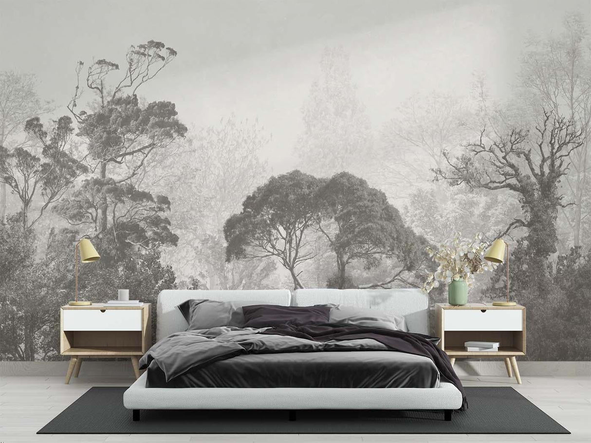 Home office space with grey Forest Mural Wallpaper creating a peaceful work environment