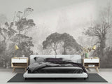 Home office space with grey Forest Mural Wallpaper creating a peaceful work environment