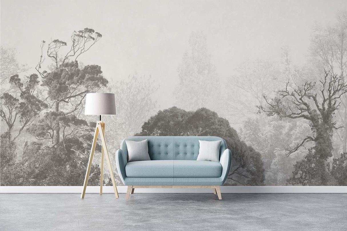 Dining room showcasing a black and white Forest Wallpaper with atmospheric misty trees
