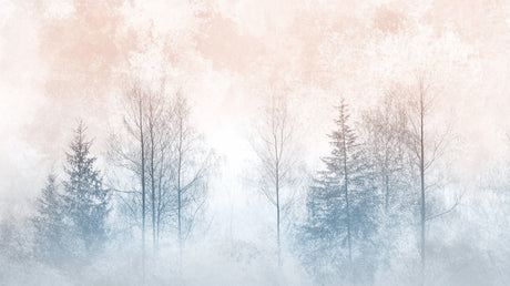 Misty forest wallpaper design file showing full watercolor pattern with pastel pink and blue gradient