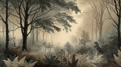 Forest mural wallpaper creating depth in modern living room, misty trees in sepia tones