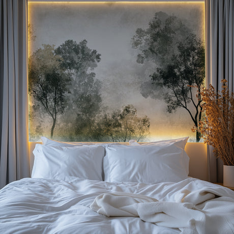 Forest mural wallpaper creating depth in modern living room with natural light highlighting misty tree details