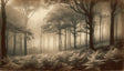 Forest wall mural creating a cozy atmosphere in a modern living room with soft golden morning light filtering through
