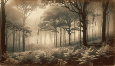 Forest wall mural creating a cozy atmosphere in a modern living room with soft golden morning light filtering through