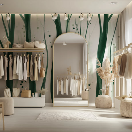 Modern forest wallpaper in bright Scandinavian living room showing green tree silhouettes