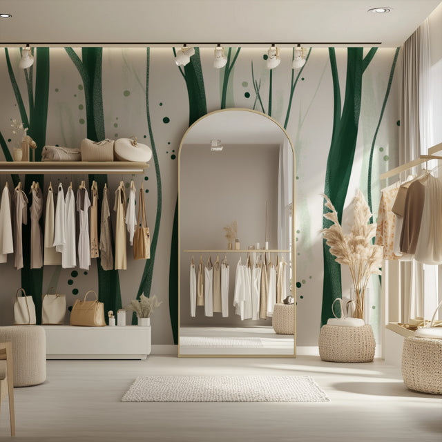 Modern forest wallpaper in bright Scandinavian living room showing green tree silhouettes