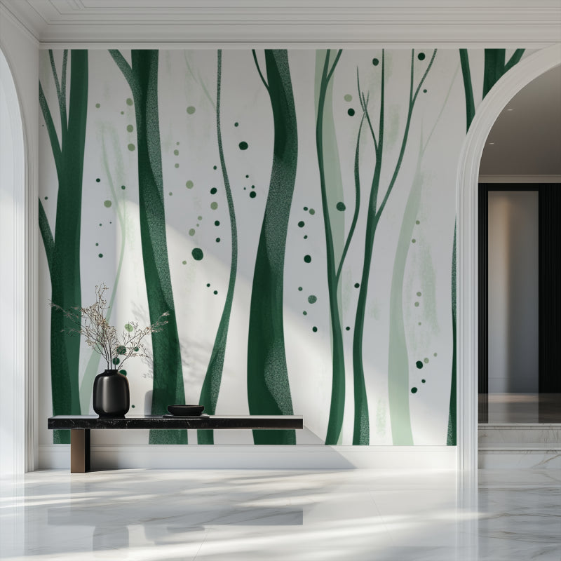 Green forest wallpaper creating depth in contemporary home office