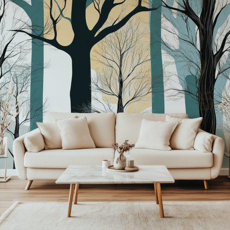 Modern Forest Wallpaper in bright living room with grey sofa and natural light