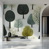 Contemporary home office featuring forest tree pattern wallpaper with minimalist furniture