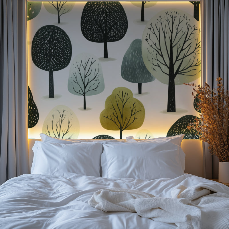 Bedroom accent wall with forest green tree pattern wallpaper design